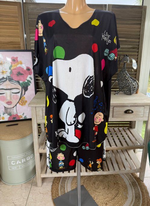 Ensemble short + top noir pois multicolores Lovely Snoopy du 38 au 50/52 