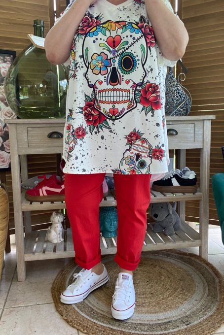Top ample blanc Mexican Skulls & Red Roses du 42 au 52/54