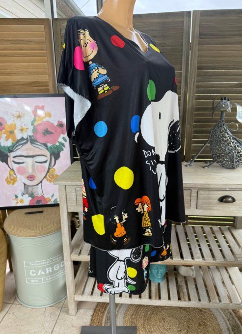 Ensemble short + top noir pois multicolores Lovely Snoopy du 38 au 50/52 