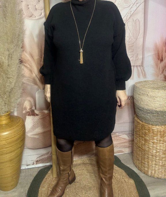 Robe-pull noire ou maxi-pull col montant cheminée douceur ++++ du 40 au 50/52 