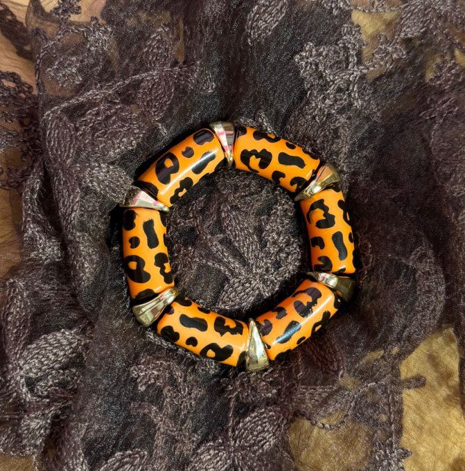 Bracelet élastiqué perles tubes acrylique Léopard orange noir Doré Chic +++