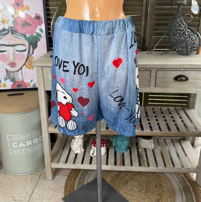 Ensemble short + top effet jeans délavé Snoopy & Woodstock in Love du 38 au 50/52  
