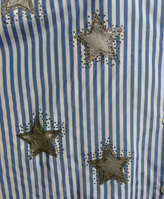 Maxi-chemise rayée bleu ciel & blanc Étoiles cuir argenté et strass brillants du 42 au 54 et même + 