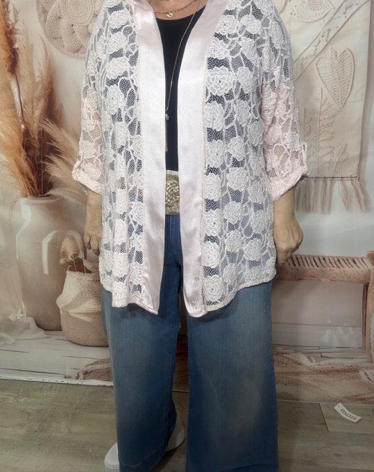 Gilet trapèze ample dentelle florale rose manches réglables  confort +++ du 40 au 54 et même +