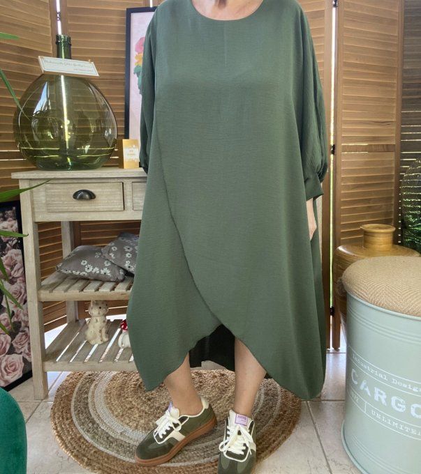 Robe mi-longue asymétrique croisée Kaki manches amples du 42 au 52 