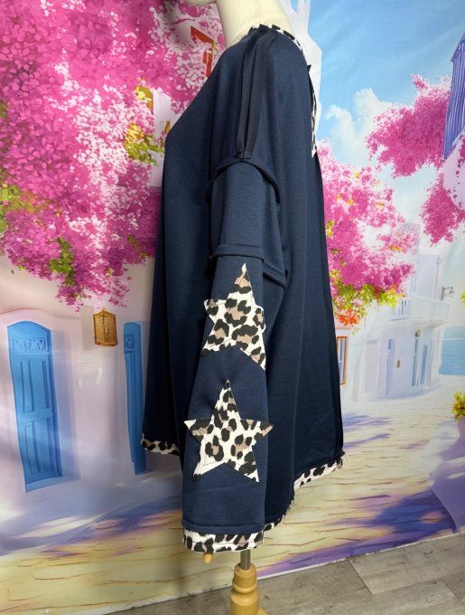 Sweat oversize Néoprène Marine Etoiles Léopard manches et dos douceur +++ du 42 au 54 