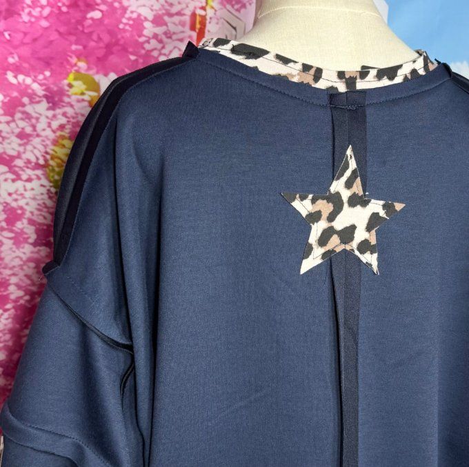 Sweat oversize Néoprène Marine Etoiles Léopard manches et dos douceur +++ du 42 au 54 
