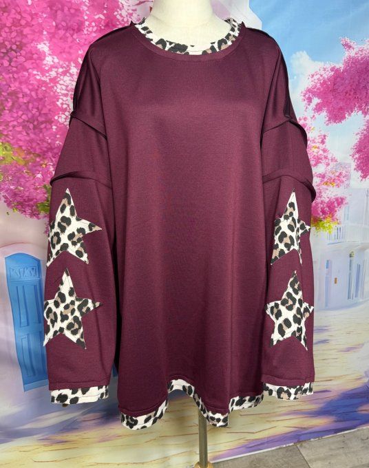 Sweat oversize Néoprène Grenat Etoiles Léopard manches et dos douceur +++ du 42 au 54
