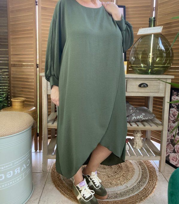 Robe mi-longue asymétrique croisée Kaki manches amples du 42 au 52 