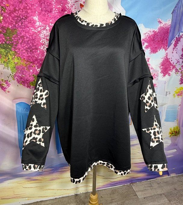 Sweat oversize Néoprène noir Etoiles Léopard manches et dos douceur +++ du 42 au 54