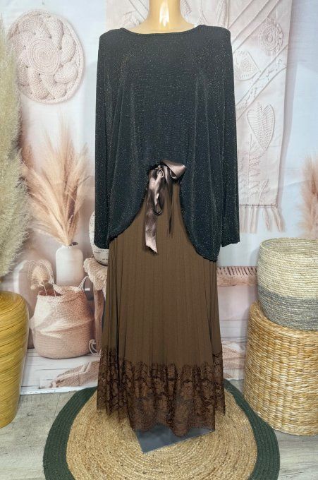 Top ample noir pailleté doré or manches longues Fêtes du 42 au 54/56