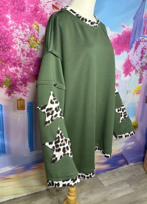 Sweat oversize Néoprène Kaki Etoiles Léopard manches et dos douceur +++ du 42 au 54 