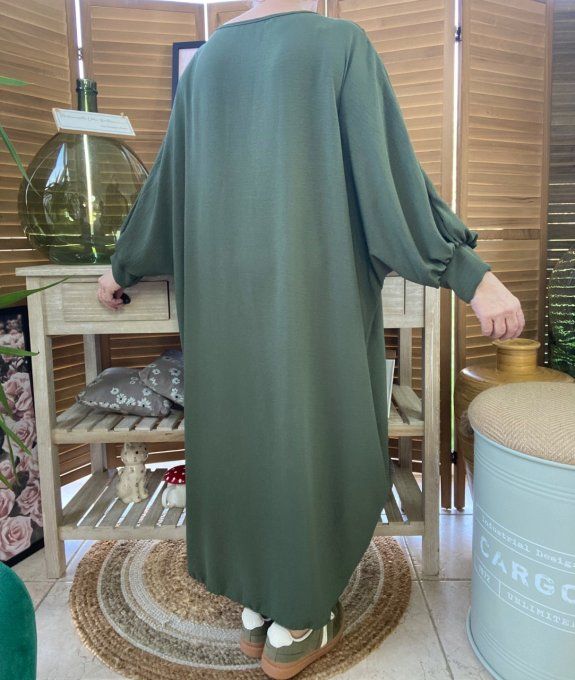 Robe mi-longue asymétrique croisée Kaki manches amples du 42 au 52 