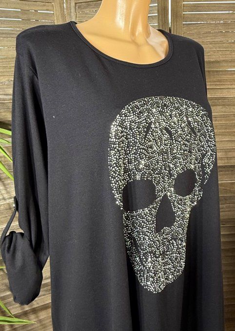 Maxi-tunique asymétrique noire Mexican Skulls Calavera Strass du 40 au 52