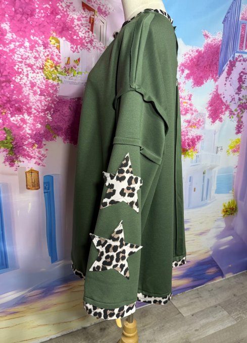 Sweat oversize Néoprène Kaki Etoiles Léopard manches et dos douceur +++ du 42 au 54 