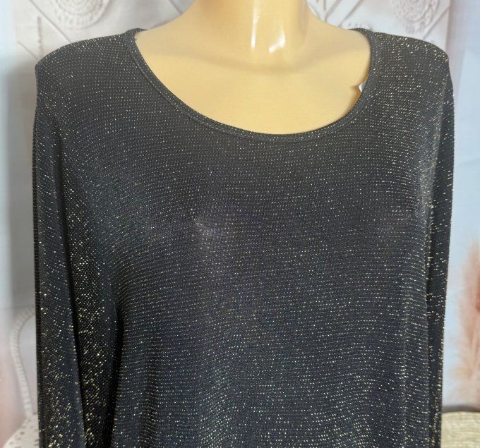 Top ample noir pailleté doré or manches longues Fêtes du 42 au 54/56