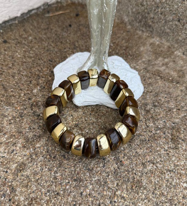 Bracelet élastiqué façon manchette perles plates acrylique Chocolat et dorées chic +++