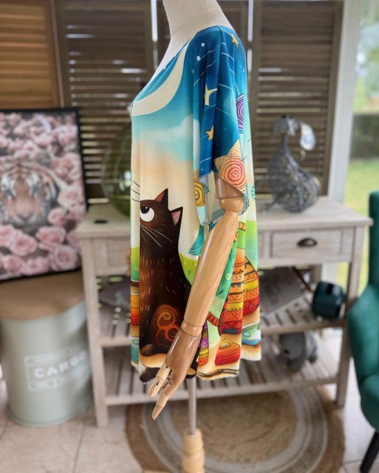 Top fin ample multicolore Tea Time avec le chat du 40 au 52 