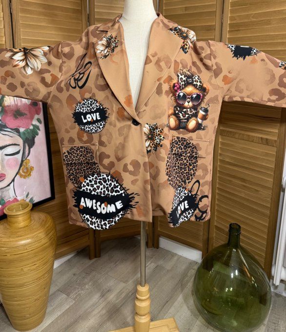 Veste blazer camel Léopard Teddy Bear Girly du 42 au 52 et même + 