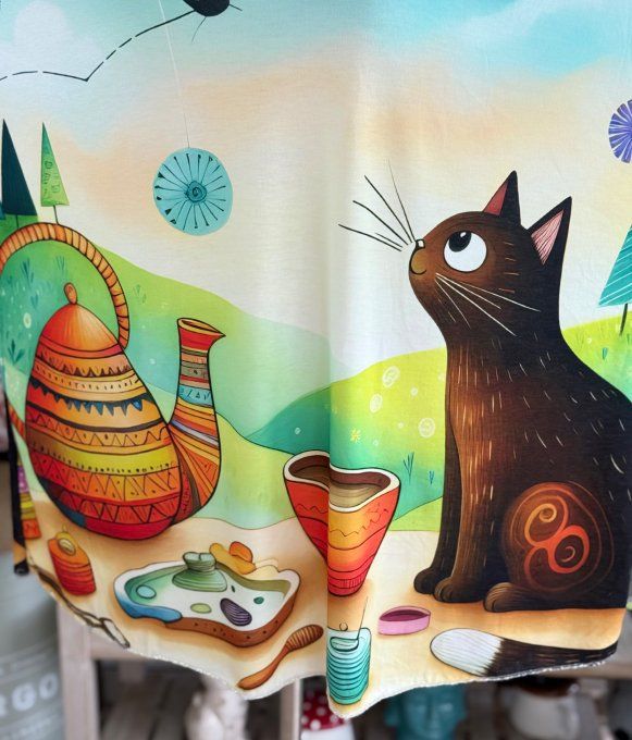 Top fin ample multicolore Tea Time avec le chat du 40 au 52 