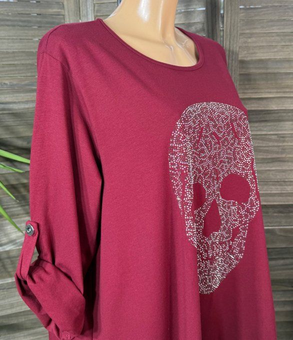 Maxi-tunique asymétrique Bordeaux Mexican Skulls Calavera Strass du 40 au 52 