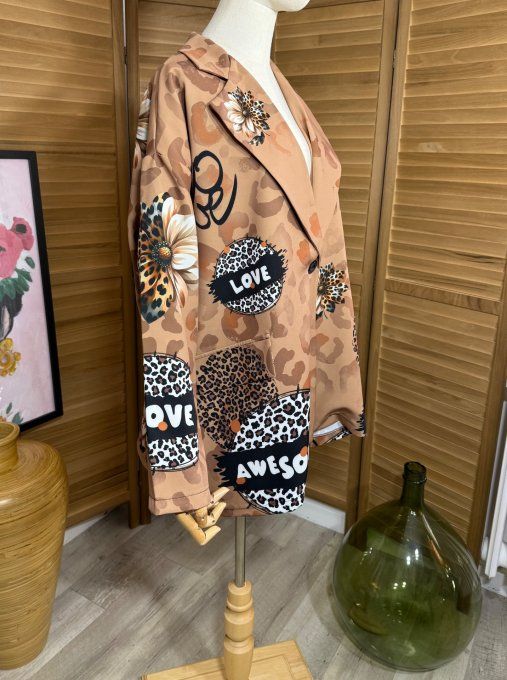 Veste blazer camel Léopard Teddy Bear Girly du 42 au 52 et même + 