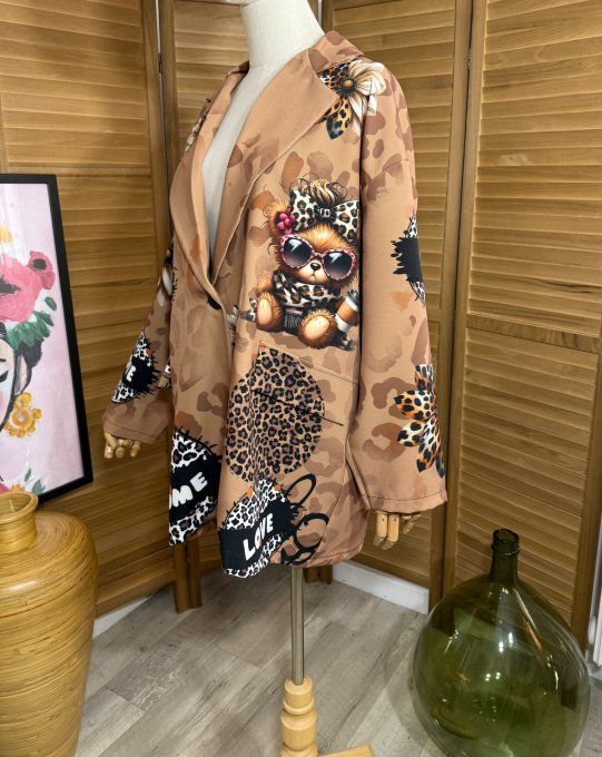 Veste blazer camel Léopard Teddy Bear Girly du 42 au 52 et même + 