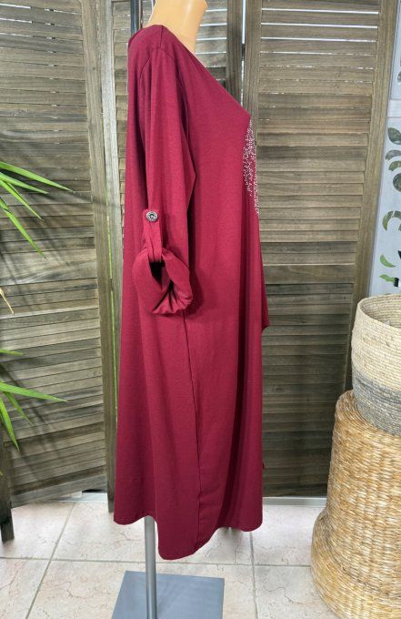 Maxi-tunique asymétrique Bordeaux Mexican Skulls Calavera Strass du 40 au 52 