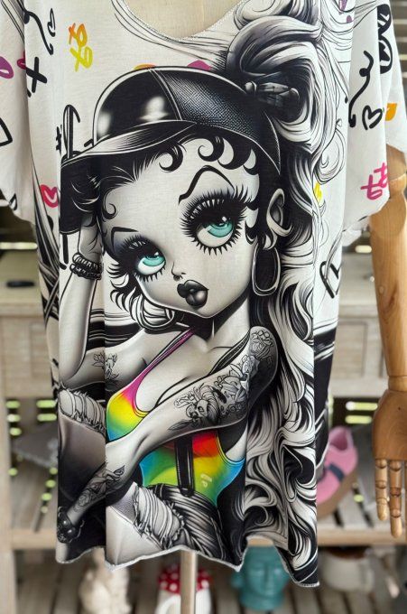 Top fin ample blanc Betty Boop Tatto Girl du 40 au 52  