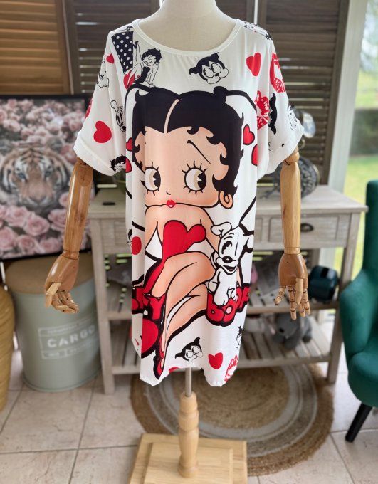 Tunique longue ou robe courte blanche Betty Boop et son chien Pudgy du 40 au 50/52 