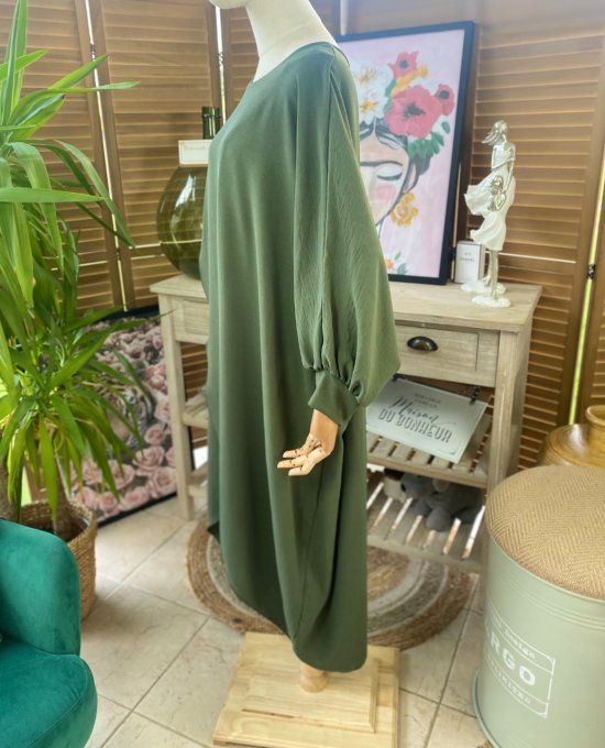 Robe mi-longue asymétrique croisée Kaki manches amples du 42 au 52 