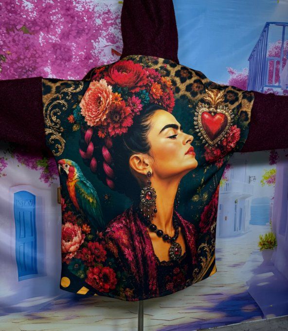 Manteau à capuche mi-long aspect laine bouillie Grenat Frida Kahlo confort +++ du 40 au 52 et même +