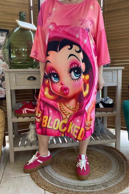 Robe trapèze ou tunique longue rose bonbon Betty Boop Street Fashion du 40 au 48  