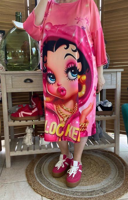 Robe trapèze ou tunique longue rose bonbon Betty Boop Street Fashion du 40 au 48  