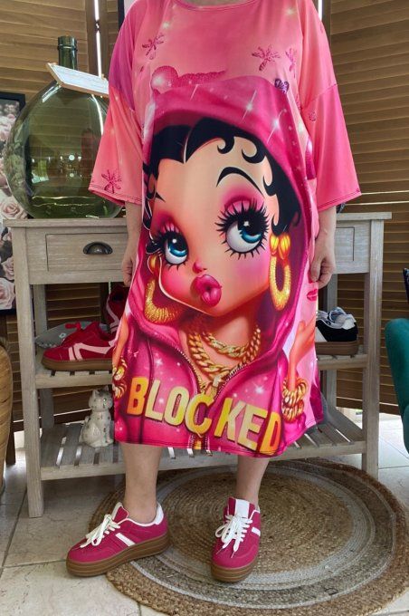 Robe trapèze ou tunique longue rose bonbon Betty Boop Street Fashion du 40 au 48  