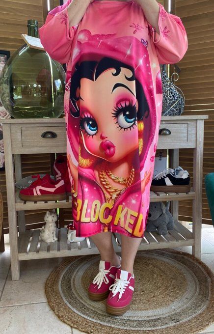 Robe trapèze ou tunique longue rose bonbon Betty Boop Street Fashion du 40 au 48  