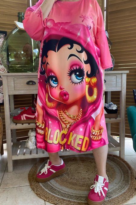 Robe trapèze ou tunique longue rose bonbon Betty Boop Street Fashion du 40 au 48  
