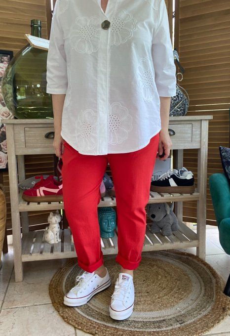 Blouse blanche broderie fleurs manches 3/4 du 34 au 42/44