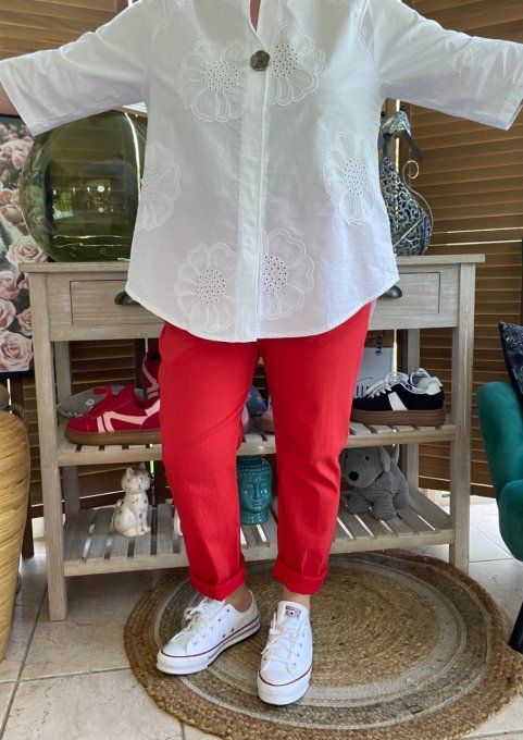 Blouse blanche broderie fleurs manches 3/4 du 34 au 42/44