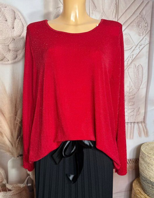 Top ample rouge pailleté rouge brillant manches longues Fêtes du 42 au 54/56