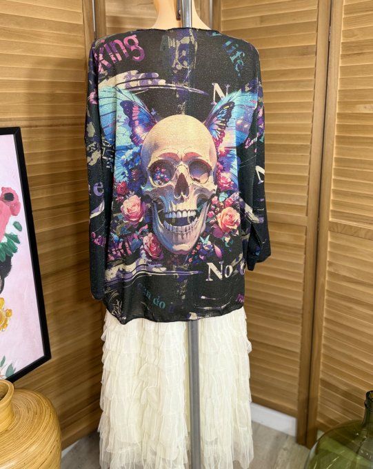 Top lurex noir pailleté doré Mexican Skulls Calavera du 38 au 48/50
