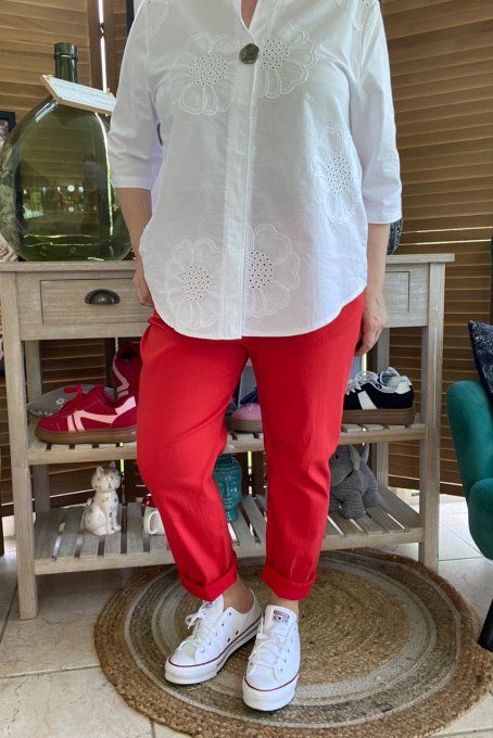 Blouse blanche broderie fleurs manches 3/4 du 34 au 42/44