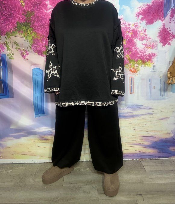 Sweat oversize Néoprène noir Etoiles Léopard manches et dos douceur +++ du 42 au 54 