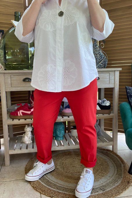 Blouse blanche broderie fleurs manches 3/4 du 34 au 42/44