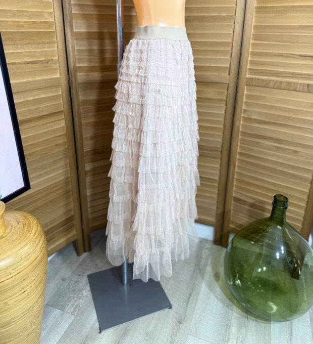 Jupe mi-longue vaporeuse en tulle beige du 38 au 48  