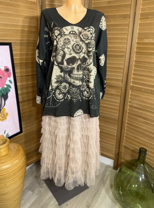 Top lurex noir pailleté doré Mexican Skulls & Clocks du 38 au 48/50