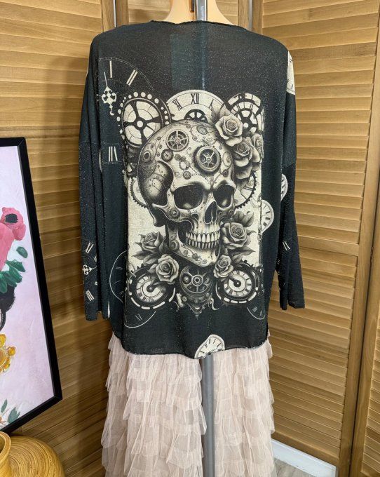 Top lurex noir pailleté doré Mexican Skulls & Clocks du 38 au 48/50
