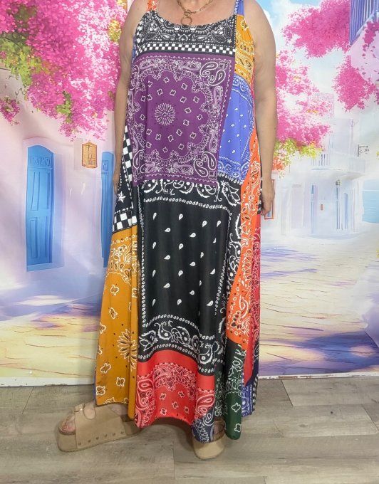 Robe à bretelles trapèze longue imprimée Bandanas multicolores N°2 du 40 au 50/52 