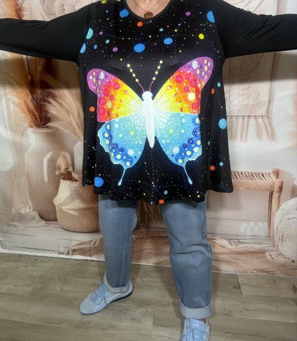 Top trapèze noir manches longues Le Papillon multicolore du 42 au 56/58