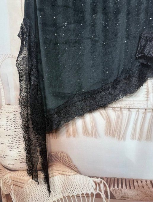 Jupe asymétrique velours noir strass paillettes argentées et dentelle noire du 40 au 52